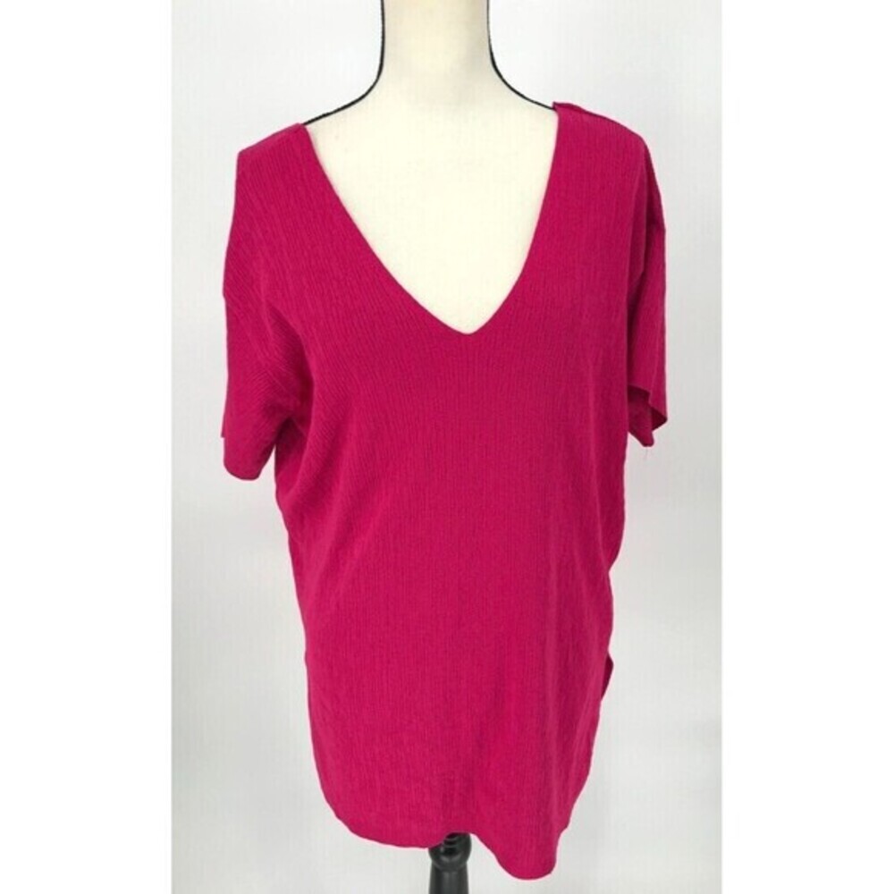ZARA Blouse Womens Hot Pink Short Sleeve V-Neck Blouse Top Size Medium‎